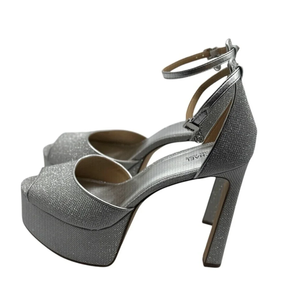 Michael Kors Silver Glitter Platform Stiletto Heel Ankle Strap Peep Toe Size 9.5